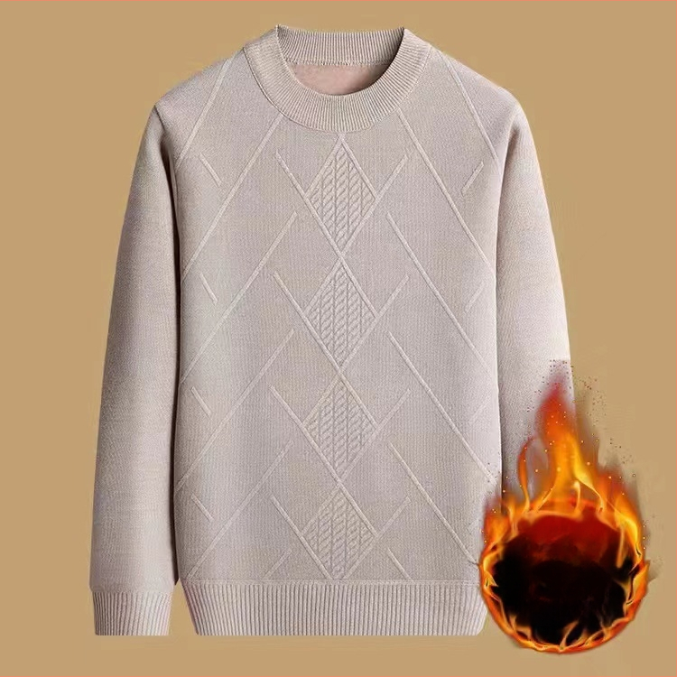 Vyrinis žieminis megztinis su džakardo raštu, apvalus kaklas, fliso pamušalas, 30–35% vilnos, vidutinio ilgio