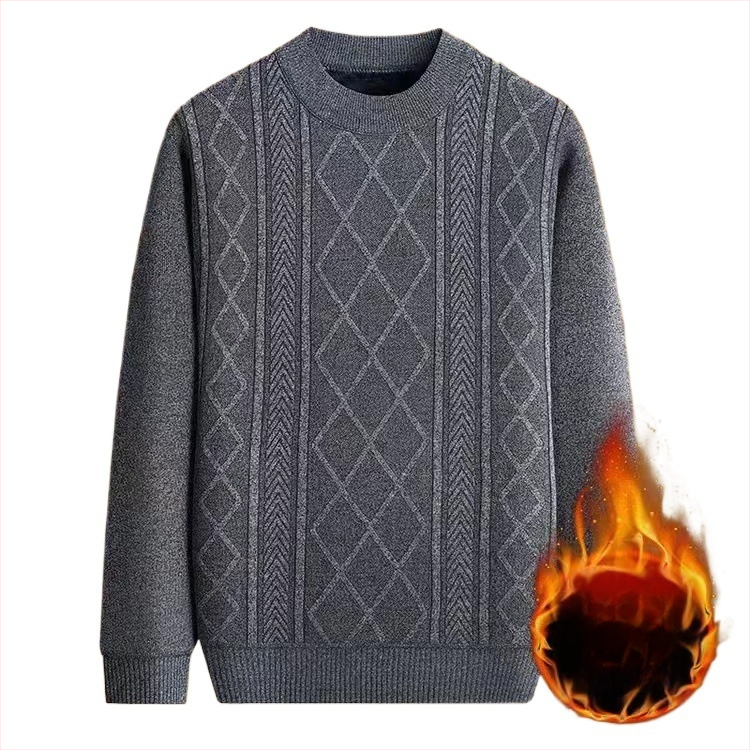 Vyrinis žieminis megztinis su džakardo raštu, apvalus kaklas, fliso pamušalas, 30–35% vilnos, vidutinio ilgio