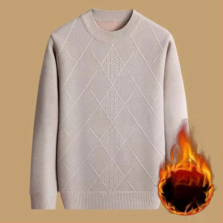 Vyrinis žieminis megztinis su džakardo raštu, apvalus kaklas, fliso pamušalas, 30–35% vilnos, vidutinio ilgio