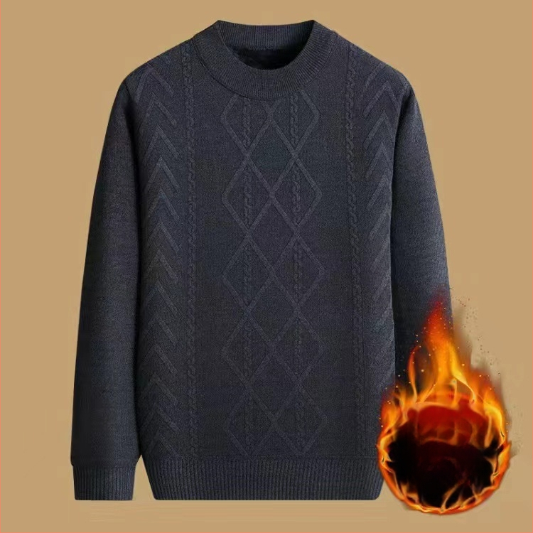 Vyrinis žieminis megztinis su džakardo raštu, apvalus kaklas, fliso pamušalas, 30–35% vilnos, vidutinio ilgio