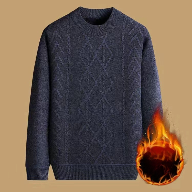 Vyrinis žieminis megztinis su džakardo raštu, apvalus kaklas, fliso pamušalas, 30–35% vilnos, vidutinio ilgio