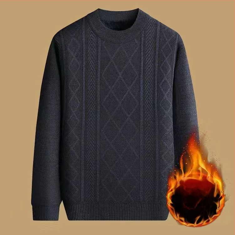 Vyrinis žieminis megztinis su džakardo raštu, apvalus kaklas, fliso pamušalas, 30–35% vilnos, vidutinio ilgio