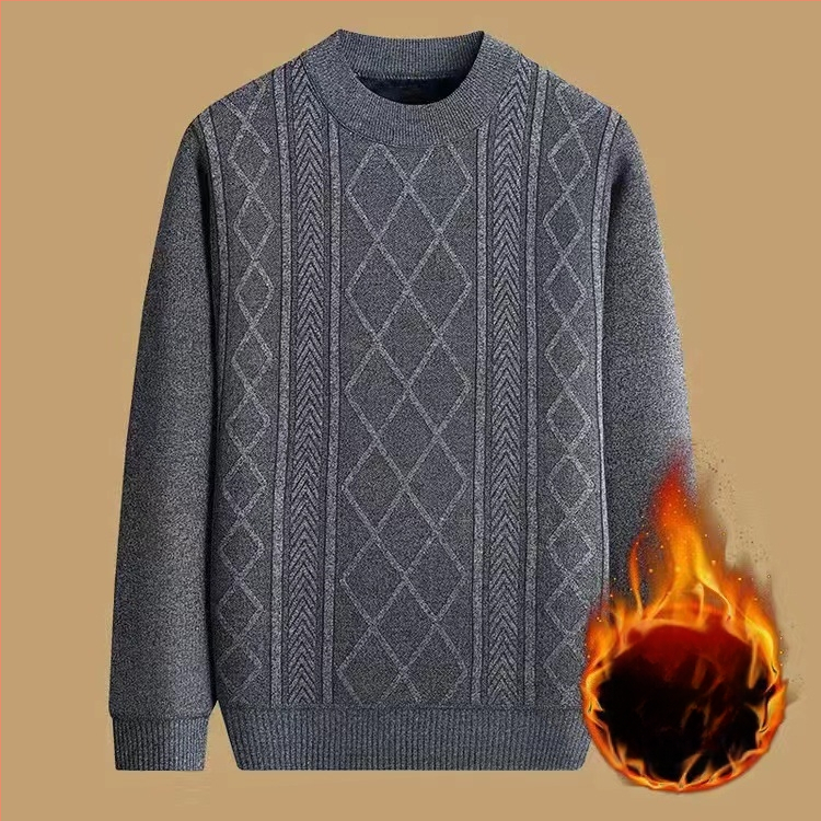 Vyrinis žieminis megztinis su džakardo raštu, apvalus kaklas, fliso pamušalas, 30–35% vilnos, vidutinio ilgio