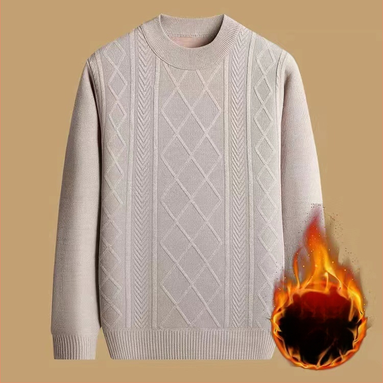 Vyrinis žieminis megztinis su džakardo raštu, apvalus kaklas, fliso pamušalas, 30–35% vilnos, vidutinio ilgio