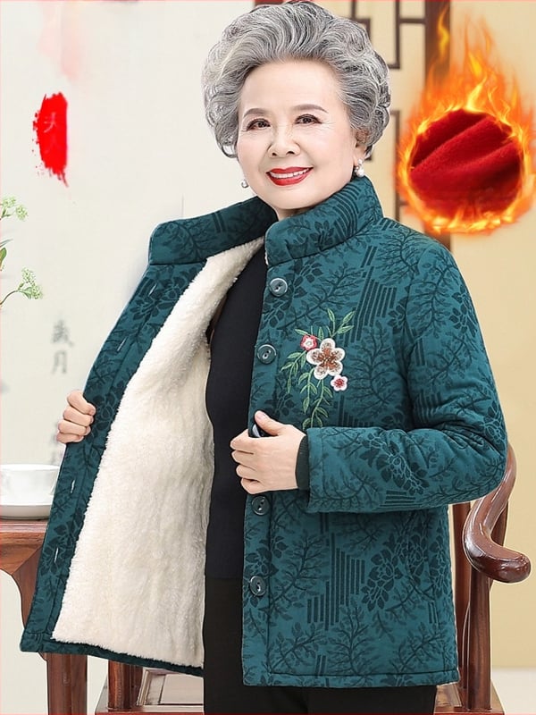 Jachetă de iarnă cu umplutură din bumbac pentru femei în vârstă; guler înalt; model plante și flori; umplutură poliester-bumbac; lungime medie 50–65 cm