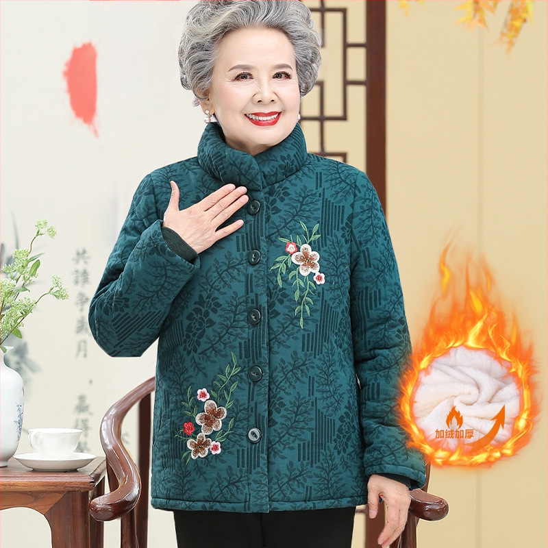 Jachetă de iarnă cu umplutură din bumbac pentru femei în vârstă; guler înalt; model plante și flori; umplutură poliester-bumbac; lungime medie 50–65 cm