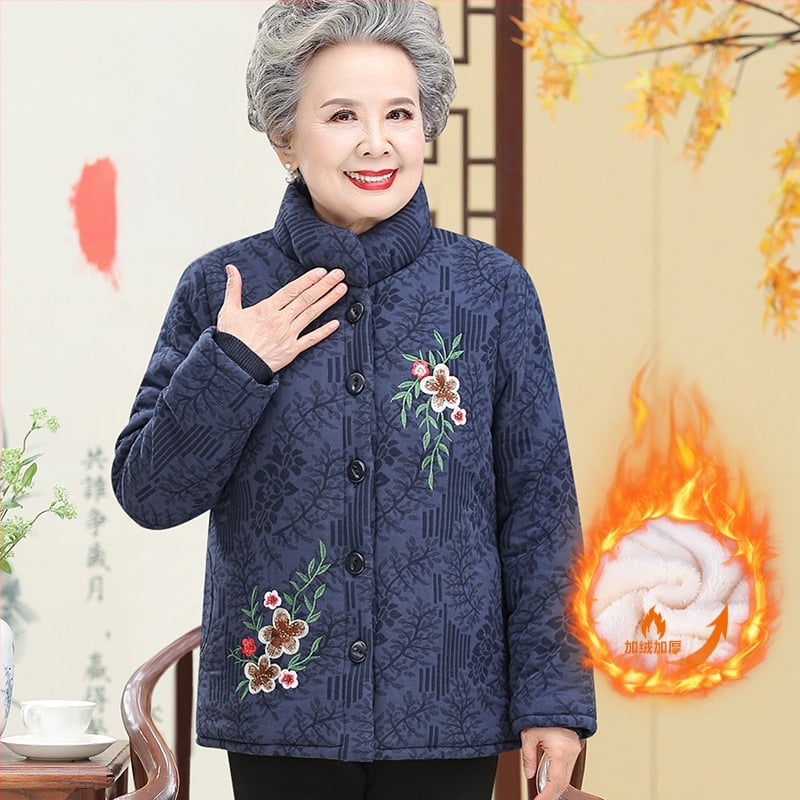 Jachetă de iarnă cu umplutură din bumbac pentru femei în vârstă; guler înalt; model plante și flori; umplutură poliester-bumbac; lungime medie 50–65 cm