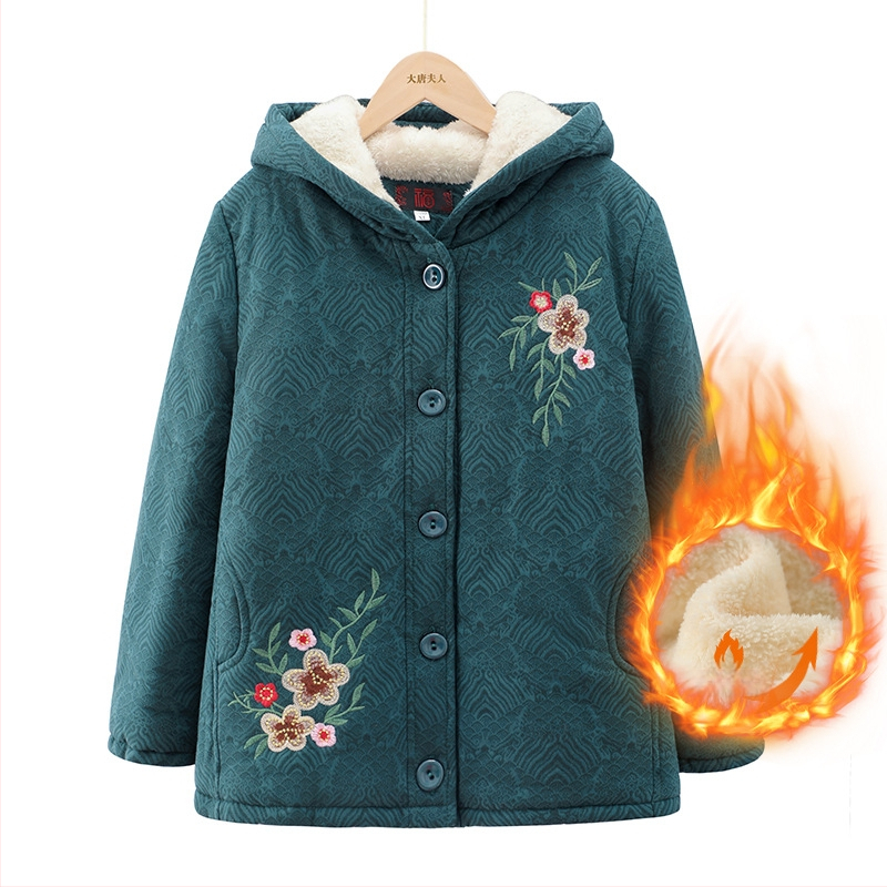 Jachetă de iarnă cu umplutură din bumbac pentru femei în vârstă; guler înalt; model plante și flori; umplutură poliester-bumbac; lungime medie 50–65 cm