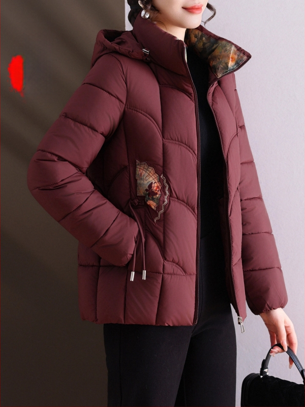 Γυναικείο χειμερινό μπουφάν με γέμισμα από πούπουλα και βαμβάκι, κουκούλα, πυκνή μόνωση, εξωτερικό πολυεστερικό ύφασμα (95%+ πολυεστέρας).