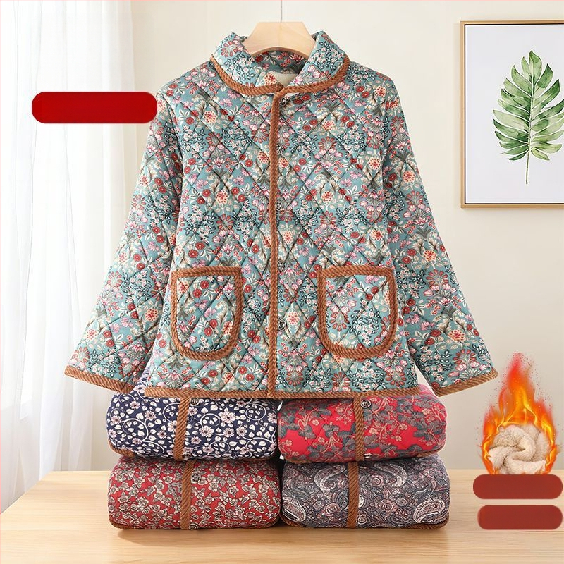 Jachetă cu umplutură din bumbac pentru femei mature, stil toamnă–iarnă, lungime medie, guler polo; țesătură TR, material principal PVC 90–95%, umplutură din bumbac-silicat (polimer) 30–50%