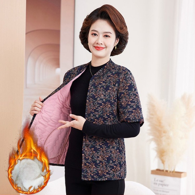 Jachetă de iarnă din bumbac cu căptușeală fleece, umplere din imitație de mătase-bumbac, decolteu în V, mâneci de lungime medie, lungime normală, model floral