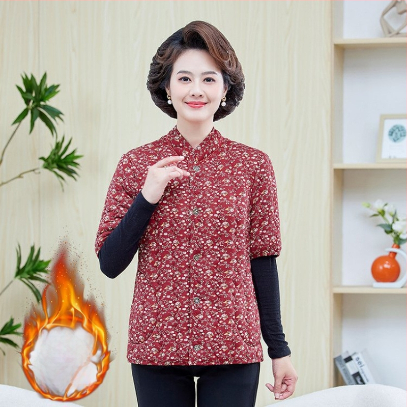 Jachetă de iarnă din bumbac cu căptușeală fleece, umplere din imitație de mătase-bumbac, decolteu în V, mâneci de lungime medie, lungime normală, model floral