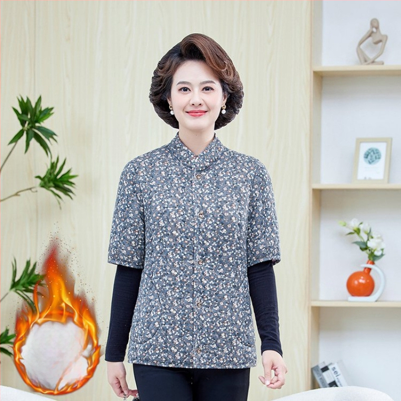 Jachetă de iarnă din bumbac cu căptușeală fleece, umplere din imitație de mătase-bumbac, decolteu în V, mâneci de lungime medie, lungime normală, model floral