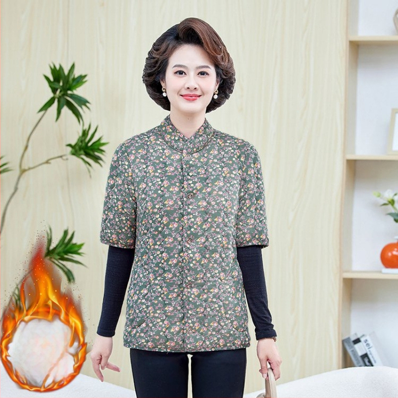 Jachetă de iarnă din bumbac cu căptușeală fleece, umplere din imitație de mătase-bumbac, decolteu în V, mâneci de lungime medie, lungime normală, model floral