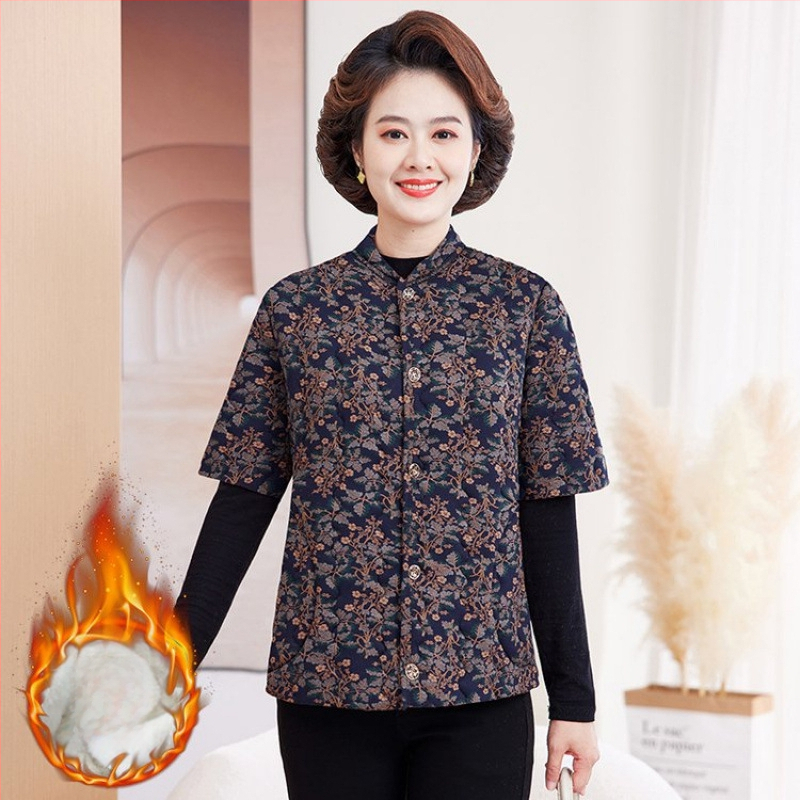 Jachetă de iarnă din bumbac cu căptușeală fleece, umplere din imitație de mătase-bumbac, decolteu în V, mâneci de lungime medie, lungime normală, model floral