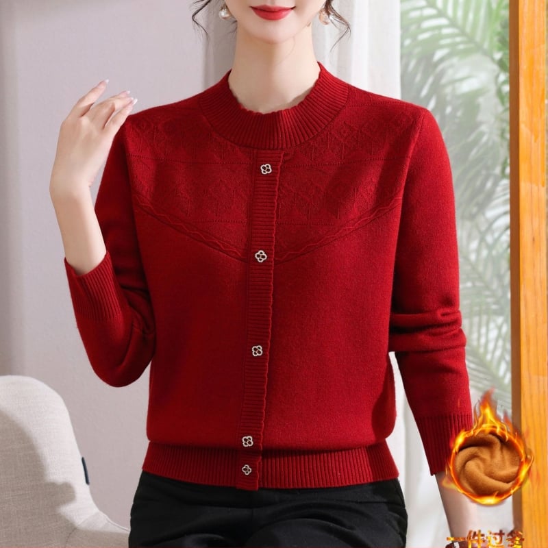 Megztas topas su fliso pamušalu ir žakardo raštu, Fiber Velvet Yarn audinys, nailono-akrilų mišinys, pusaukštas kaklas, ilgos rankovės