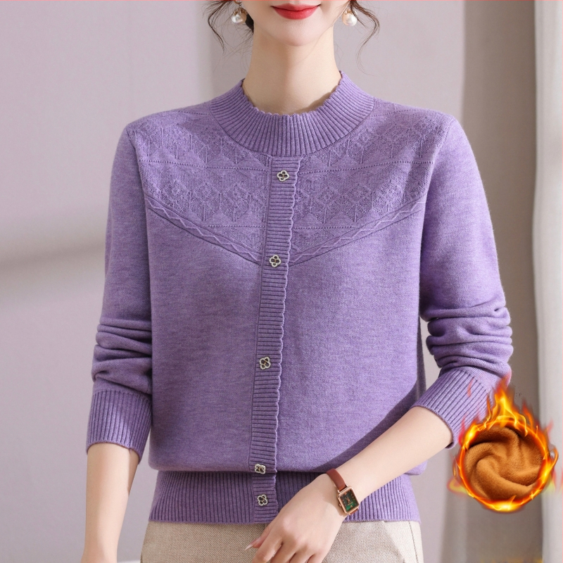 Megztas topas su fliso pamušalu ir žakardo raštu, Fiber Velvet Yarn audinys, nailono-akrilų mišinys, pusaukštas kaklas, ilgos rankovės