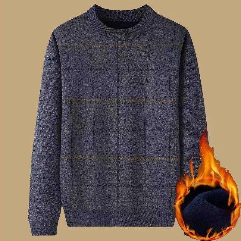 Muški debeli pulover s flis podstavom za jesen-zimu, široki kroj, okrugli ovratnik, jacquard pletenina, za muškarce srednje dobi i starije.
