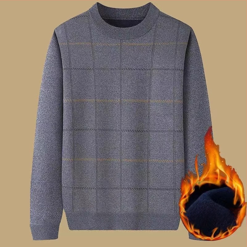 Muški debeli pulover s flis podstavom za jesen-zimu, široki kroj, okrugli ovratnik, jacquard pletenina, za muškarce srednje dobi i starije.