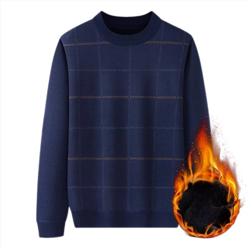 Muški debeli pulover s flis podstavom za jesen-zimu, široki kroj, okrugli ovratnik, jacquard pletenina, za muškarce srednje dobi i starije.