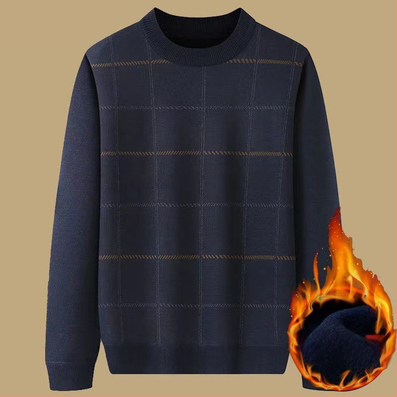 Muški debeli pulover s flis podstavom za jesen-zimu, široki kroj, okrugli ovratnik, jacquard pletenina, za muškarce srednje dobi i starije.