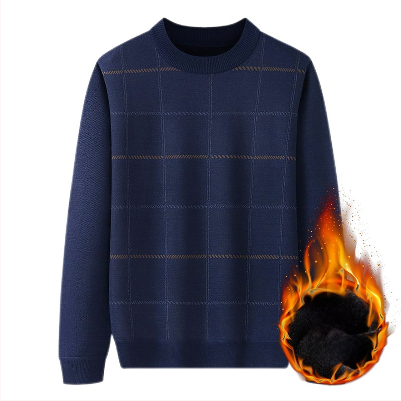 Muški debeli pulover s flis podstavom za jesen-zimu, široki kroj, okrugli ovratnik, jacquard pletenina, za muškarce srednje dobi i starije.