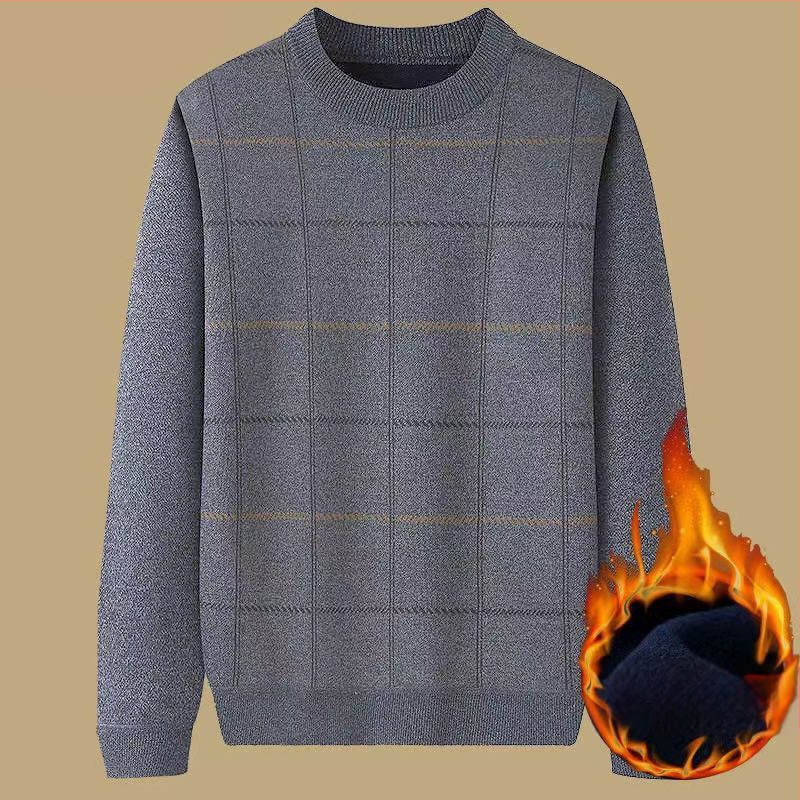 Muški debeli pulover s flis podstavom za jesen-zimu, široki kroj, okrugli ovratnik, jacquard pletenina, za muškarce srednje dobi i starije.