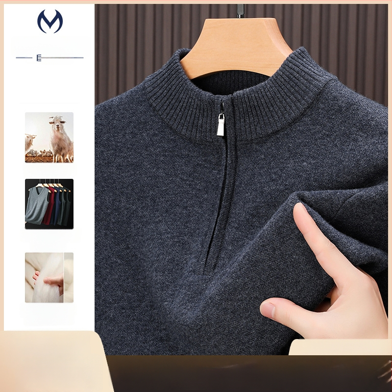 Muški pulover od 100% merino vune, zgusnuti, s pola zipom i visokim ovratnikom, jednobojan, za slojevito odijevanje