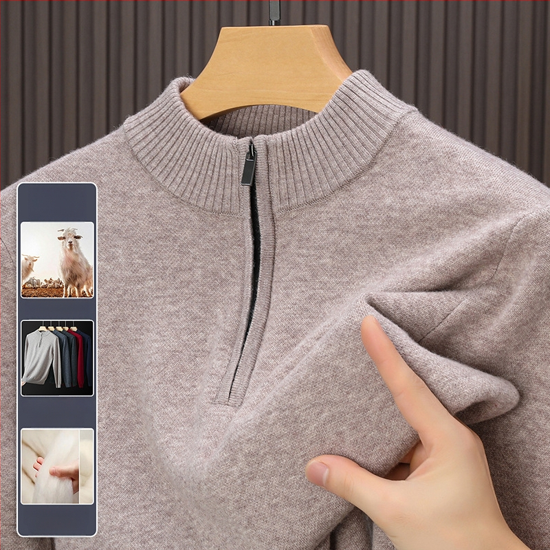Muški pulover od 100% merino vune, zgusnuti, s pola zipom i visokim ovratnikom, jednobojan, za slojevito odijevanje