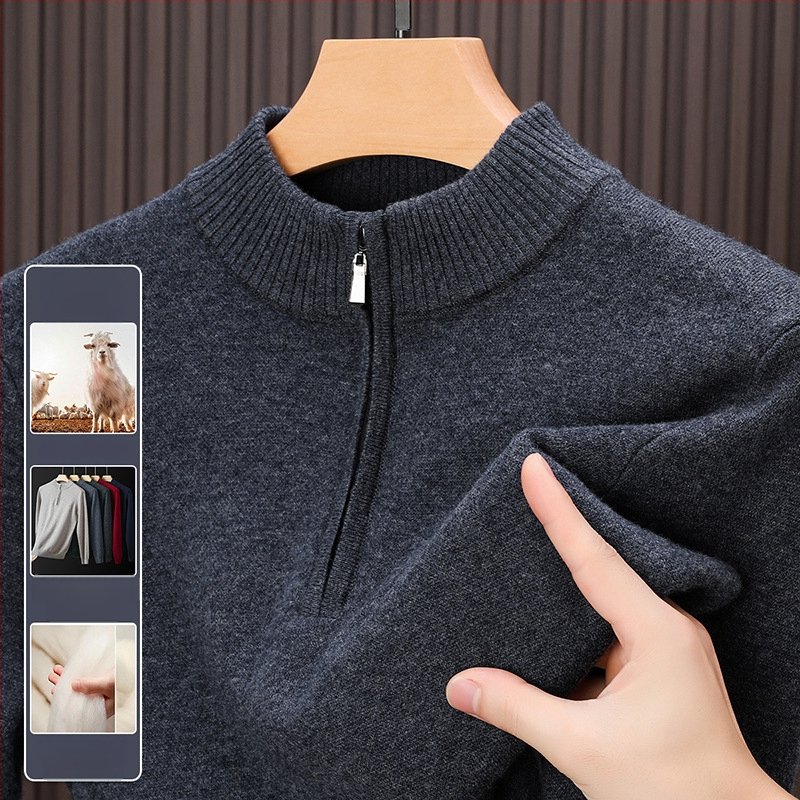 Muški pulover od 100% merino vune, zgusnuti, s pola zipom i visokim ovratnikom, jednobojan, za slojevito odijevanje