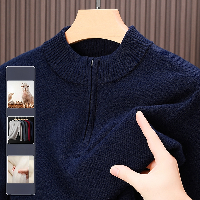 Muški pulover od 100% merino vune, zgusnuti, s pola zipom i visokim ovratnikom, jednobojan, za slojevito odijevanje