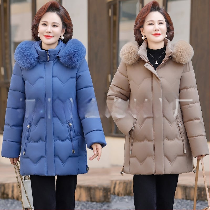 Geacă de iarnă căptușită cu bumbac pentru femei de vârstă mijlocie, izolație groasă, croială dreaptă, lungime medie, guler din blană artificială