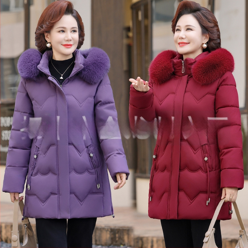 Geacă de iarnă căptușită cu bumbac pentru femei de vârstă mijlocie, izolație groasă, croială dreaptă, lungime medie, guler din blană artificială