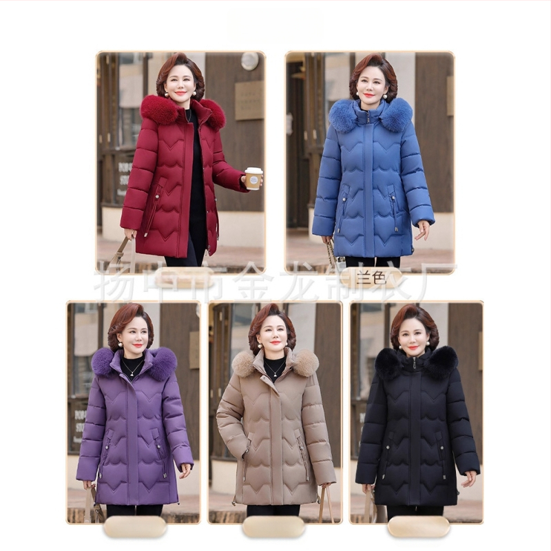 Geacă de iarnă căptușită cu bumbac pentru femei de vârstă mijlocie, izolație groasă, croială dreaptă, lungime medie, guler din blană artificială
