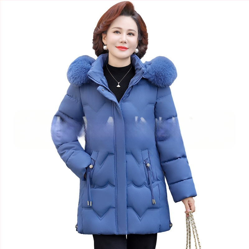 Geacă de iarnă căptușită cu bumbac pentru femei de vârstă mijlocie, izolație groasă, croială dreaptă, lungime medie, guler din blană artificială