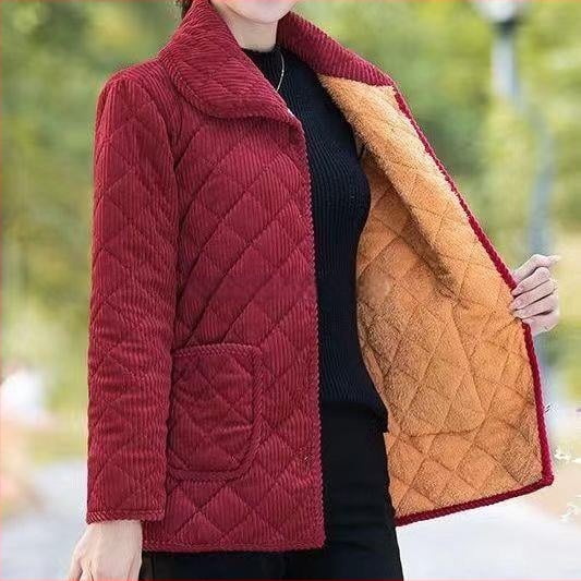 Jachetă damă corduroy, căptușită cu fleece, izolație Space Cotton, lungime medie, închidere cu catarame multiple, pentru femei de vârstă mijlocie și în vârstă