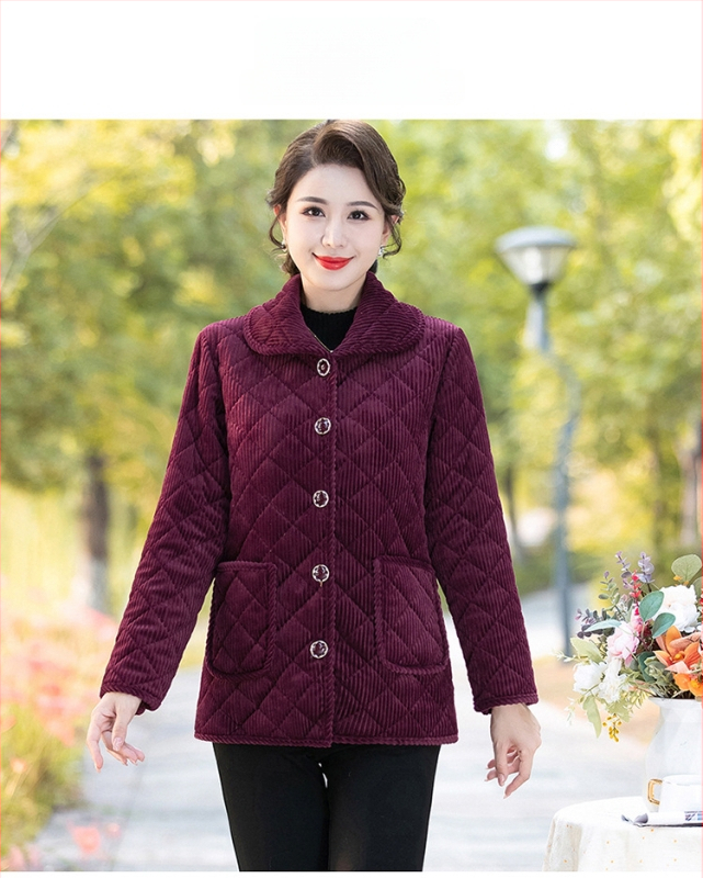 Jachetă damă corduroy, căptușită cu fleece, izolație Space Cotton, lungime medie, închidere cu catarame multiple, pentru femei de vârstă mijlocie și în vârstă