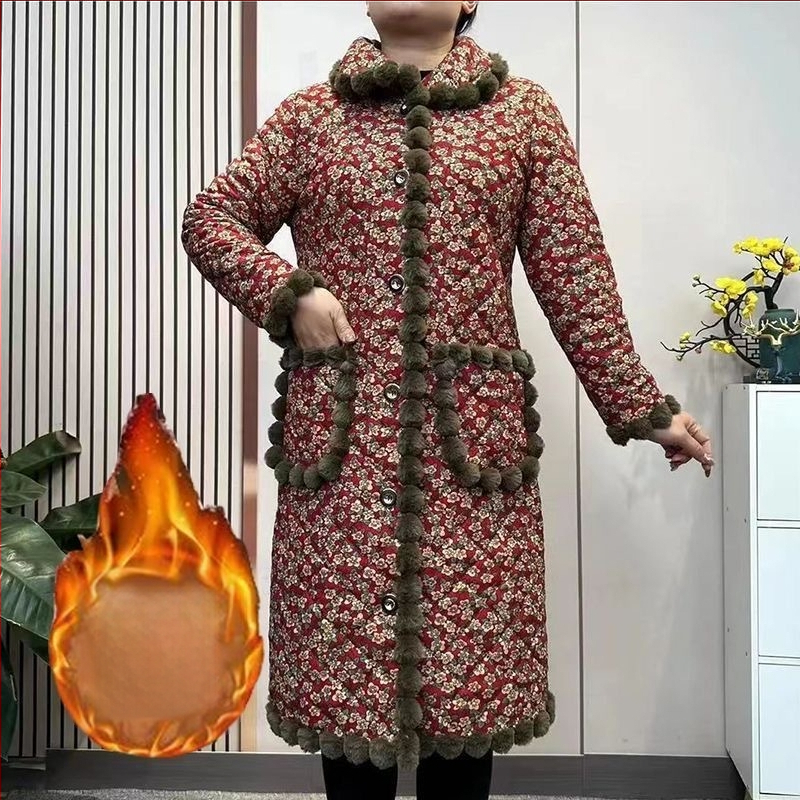 Jachetă damă corduroy, căptușită cu fleece, izolație Space Cotton, lungime medie, închidere cu catarame multiple, pentru femei de vârstă mijlocie și în vârstă