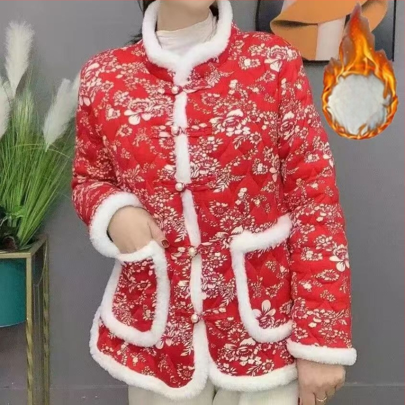 Jachetă damă corduroy, căptușită cu fleece, izolație Space Cotton, lungime medie, închidere cu catarame multiple, pentru femei de vârstă mijlocie și în vârstă