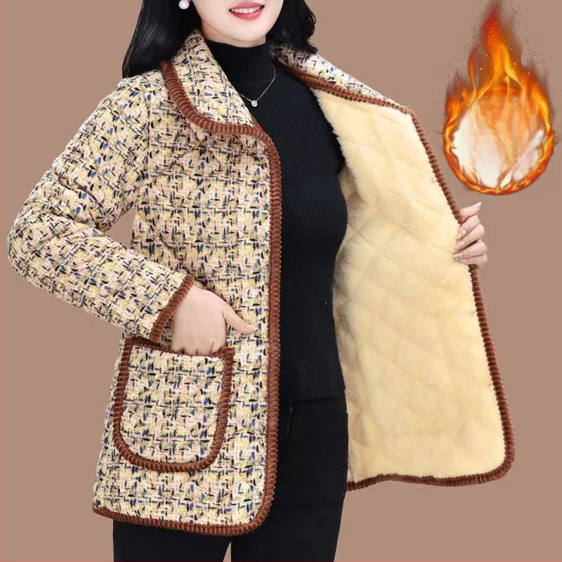 Jachetă damă corduroy, căptușită cu fleece, izolație Space Cotton, lungime medie, închidere cu catarame multiple, pentru femei de vârstă mijlocie și în vârstă