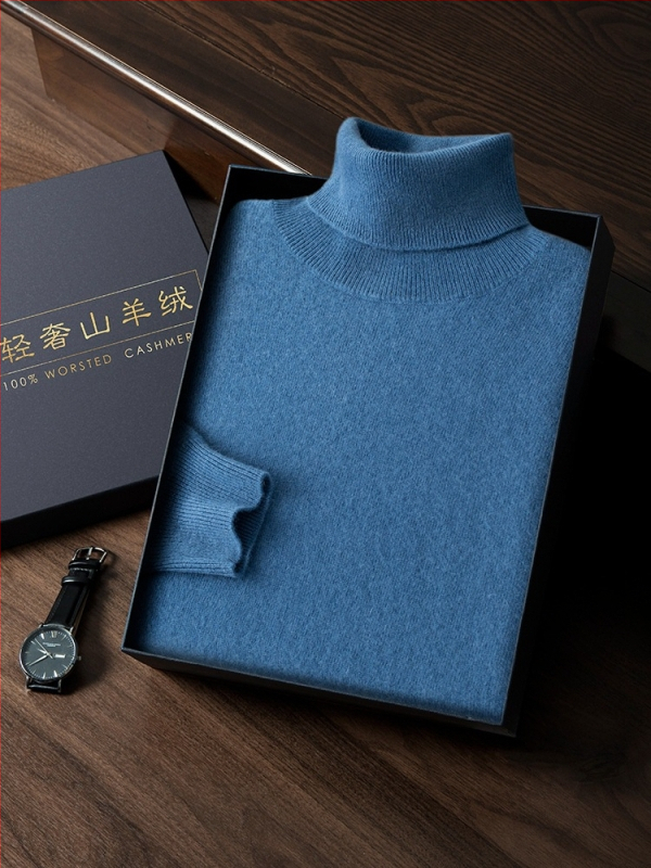 Vyriškas kašmyro megztinis su aukštu apykakle, siauras kirpimas, ilgos rankovės, tankiai megztas, medvilnės mišinys