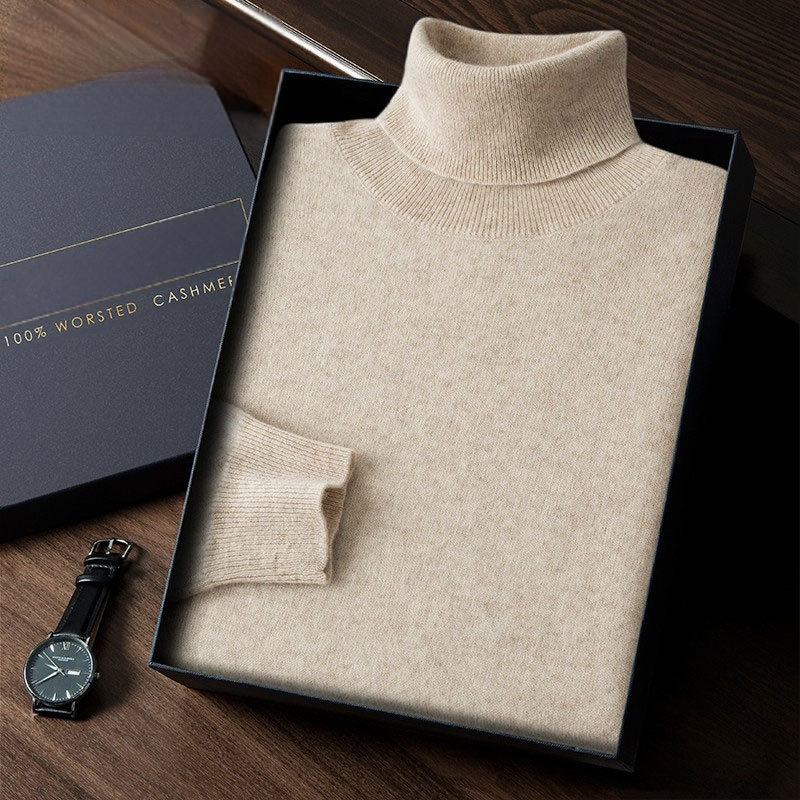 Vyriškas kašmyro megztinis su aukštu apykakle, siauras kirpimas, ilgos rankovės, tankiai megztas, medvilnės mišinys