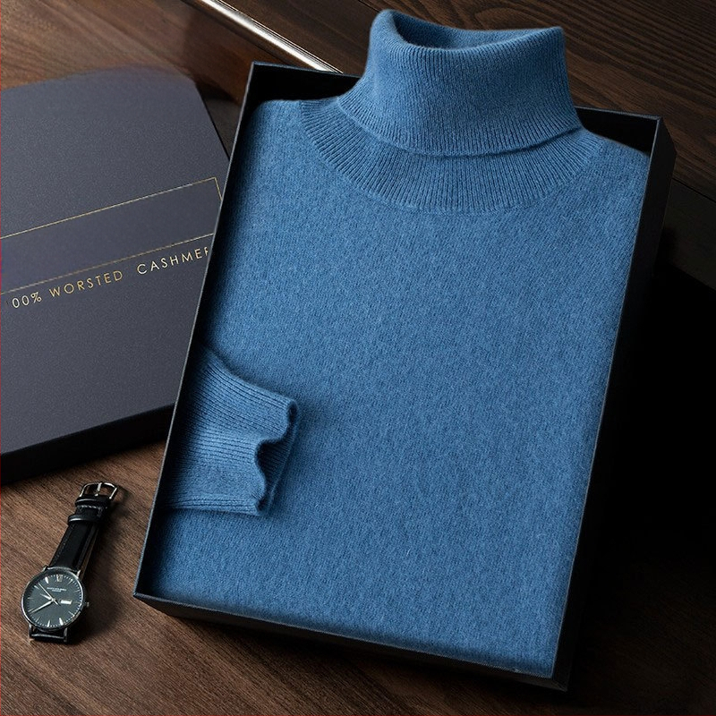 Vyriškas kašmyro megztinis su aukštu apykakle, siauras kirpimas, ilgos rankovės, tankiai megztas, medvilnės mišinys