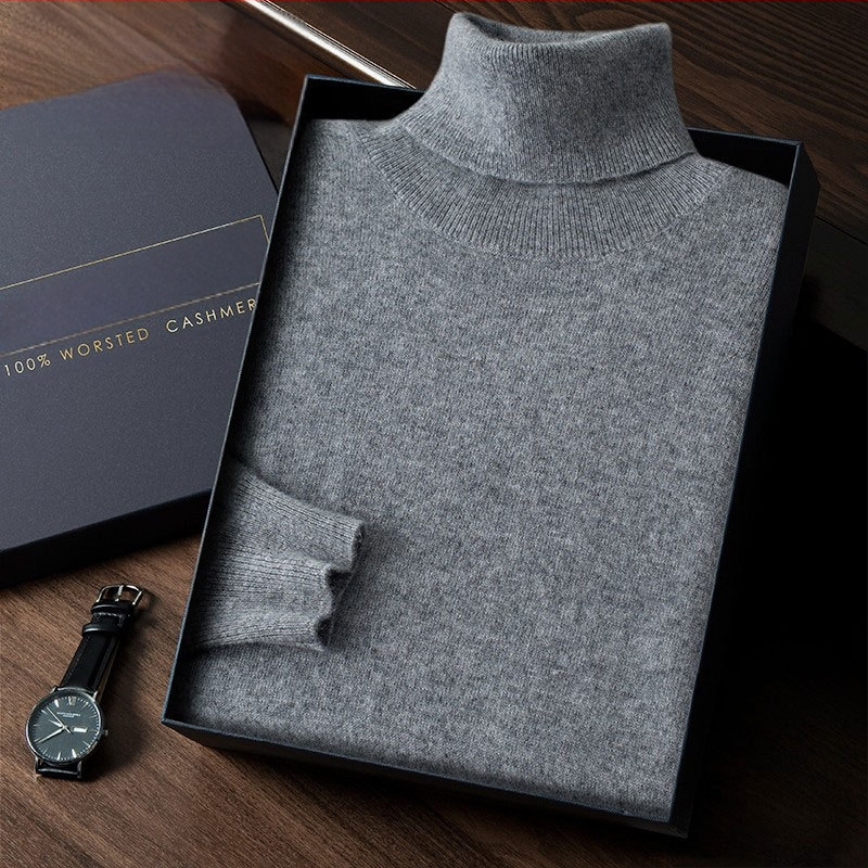 Vyriškas kašmyro megztinis su aukštu apykakle, siauras kirpimas, ilgos rankovės, tankiai megztas, medvilnės mišinys