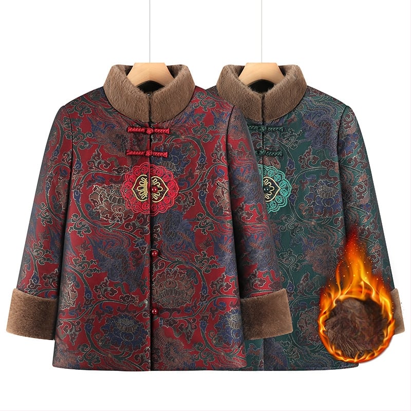 Palton de iarnă pentru femei în vârstă, căptușit cu fleece, 95% poliester, guler înalt, croială lejeră, umplutură: imitatie de mătase-pamuk