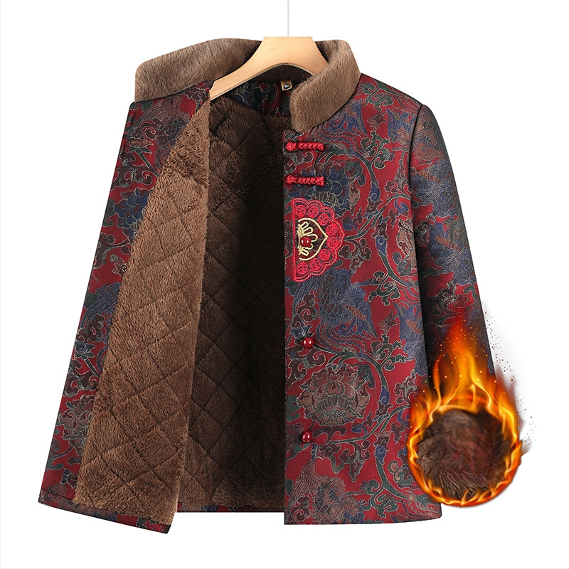 Palton de iarnă pentru femei în vârstă, căptușit cu fleece, 95% poliester, guler înalt, croială lejeră, umplutură: imitatie de mătase-pamuk