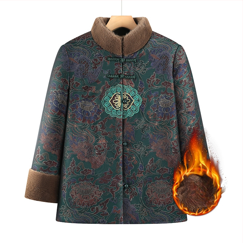 Palton de iarnă pentru femei în vârstă, căptușit cu fleece, 95% poliester, guler înalt, croială lejeră, umplutură: imitatie de mătase-pamuk