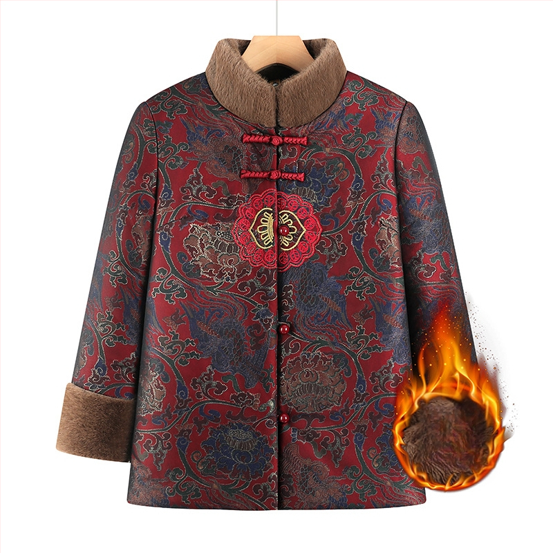 Palton de iarnă pentru femei în vârstă, căptușit cu fleece, 95% poliester, guler înalt, croială lejeră, umplutură: imitatie de mătase-pamuk