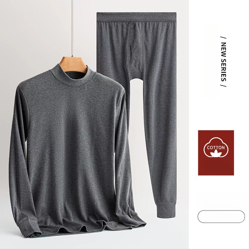 Set termic pentru bărbați, 100% bumbac, căptușeală de bumbac, dintr-un singur strat, grosime moderată, căldură superioară