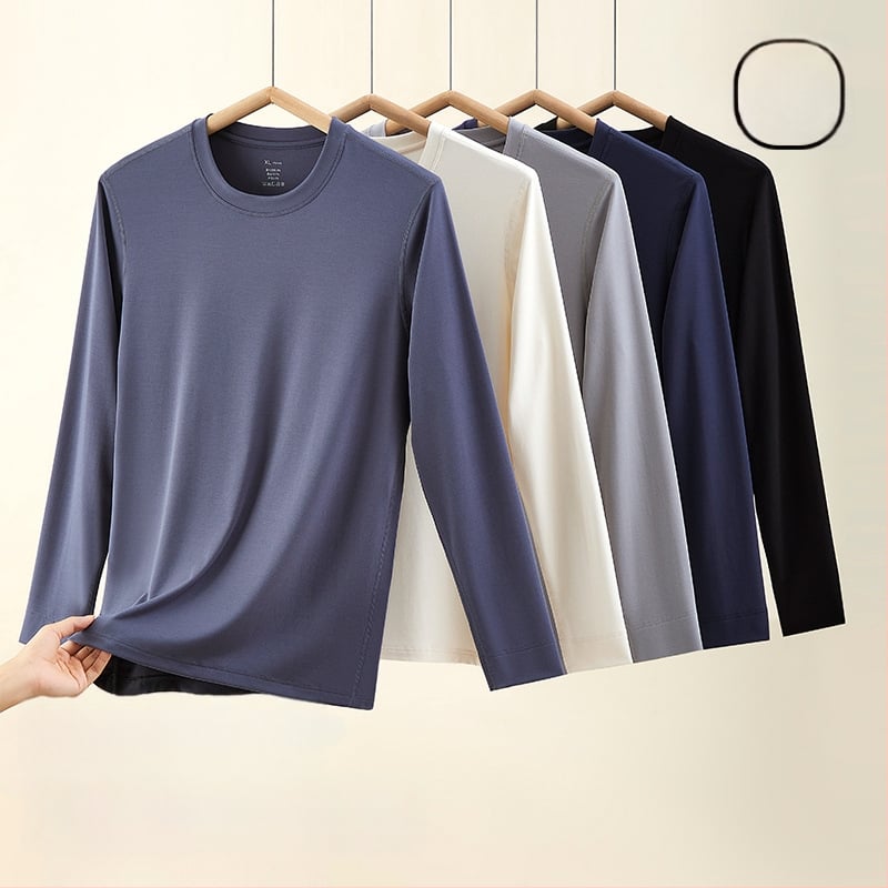 Tricou termic pentru bărbați, amestec lână-modal, subțire, guler rotund, mâneci lungi, 85.9% modal, 181–200 g/m2